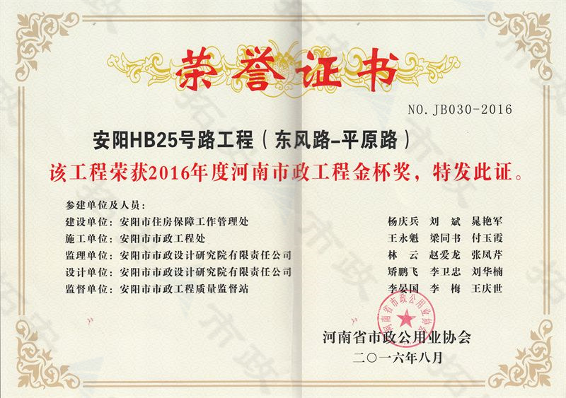 HB25號(hào)路(東風(fēng)路-平原路)工程金杯獎(jiǎng)