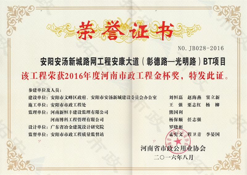 安康大道(彰德路-光明路)BT項(xiàng)目金杯獎(jiǎng)