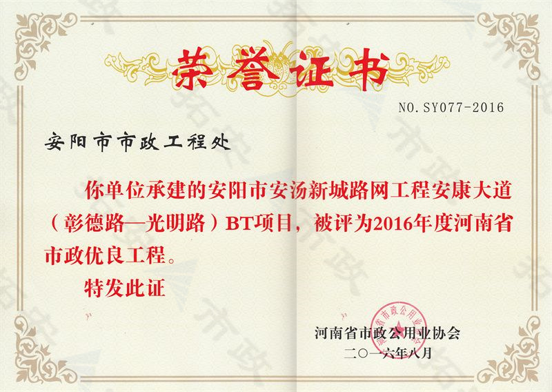 安康大道(彰德路-光明路)BT項(xiàng)目省優(yōu)
