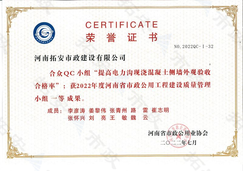 (省級)合眾QC小組提高電力溝現澆混凝土側墻外觀驗收合格率獲河南省市政公用工程建設質量管理小組一定成果